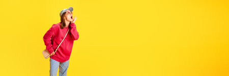 Banner. Attractive surprised young girl, student dressed oversize clothes posing against yellow background with negative space to insert text. Concept of fashion and style, traveling, culture, saleの写真素材