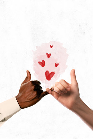 Poster. Contemporary art collage. I swear I will love you forever. Two hands hold on to their little fingers and swear to love. Concept of Valentines Day, love, loyalty, love relationship. Adの写真素材