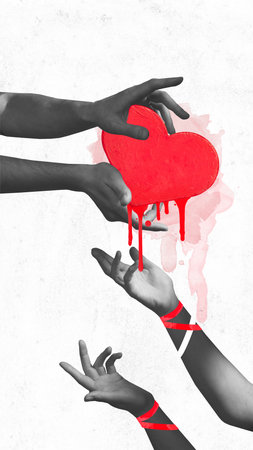 Poster. Contemporary art collage. Male hands in hold red heart from which red paint drips and give...
