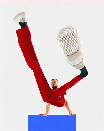 Contemporary art collage. Young athlete man, break-dancer doing, training freestyle freezes. Concept...