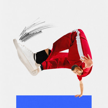 Contemporary art collage. Athletic man, dressed sport clothes performing freestyle freezes in motion. Concept of sport, hobby, fit people in action. trendy magazine style. Championship 2024.の写真素材