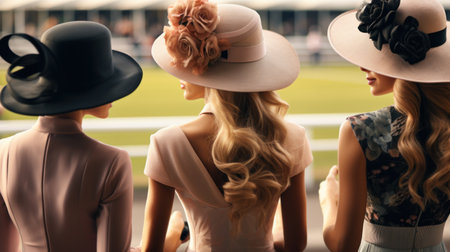 Rear view portrait of three young girls dressed fashion dresses, friends, stand in stands and cheer for horses they have just bet on. Concept of sport betting, hobbies, animals, style and fashion.の素材