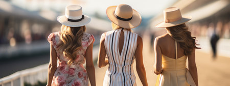 Back view portrait of three young girls in glamour hats, friends. They have made preliminary bets on match. Concept of sport betting, hobbies, animals, style and fashion.の素材