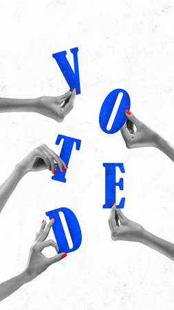 Contemporary art collage. Group of people, monochrome hands holding up blue letters that spell out the word vote. Concept of voting, country, world, elections. citizen participation.の写真素材