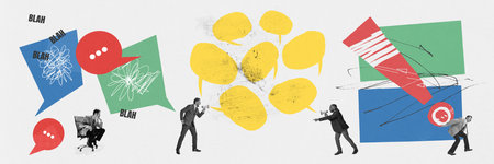 Banner. Contemporary art collage. young business man, boss sitting and making new ideas about new...