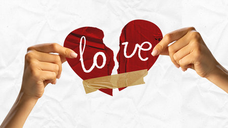 Poster. Contemporary art collage. two hands trying to glue two halves of broken heart wit inscription love, sealing it with tape. Old paper filter. Concept of Valentines Day, relationship, divorce.の写真素材