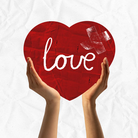Poster. Be my Valentine. Contemporary art collage. Two hands gently holding red heart with white inscription love on it in old paper filter. Concept of Valentines Day, love, date, relationship.の写真素材