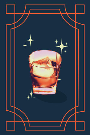 Poster. Contemporary art collage. Creative retro artwork. Strong alcoholic drink with ice in glass in retro color filter against dark blue background. Concept of restaurant menu, party, vintage.の写真素材