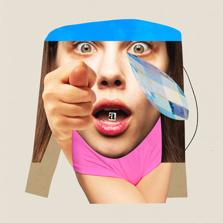 Poster. Contemporary art collage. Womans dignity. Young lady with huge head with tear as diamond on cheek stands in underwear showing gesture. Concept of travel and architecture, journey, adventures.の写真素材