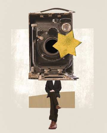 Poster. Contemporary art collage. French man with retro camera instead of head sitting against beige background. Concept of French movies, journey and adventures, romance, cinematograph.の写真素材