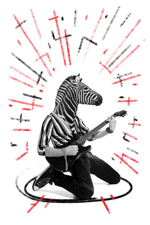 Poster. Contemporary art collage. Young guy with zebra head, who enjoys playing guitar while composing dynamic rock and roll music. Concept of energy music, urban, culture. Trendy magazine style.の写真素材
