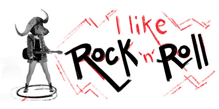 Poster. Contemporary art collage. Black and white illustration of woman with bull head playing electric guitar against white background with inscription I like Rock-n-roll. Concept of music, culture.の写真素材