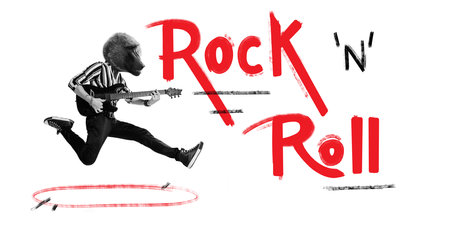 Poster. Contemporary art collage. Energetic and talented guy with head of baboon playing rock-n-roll...