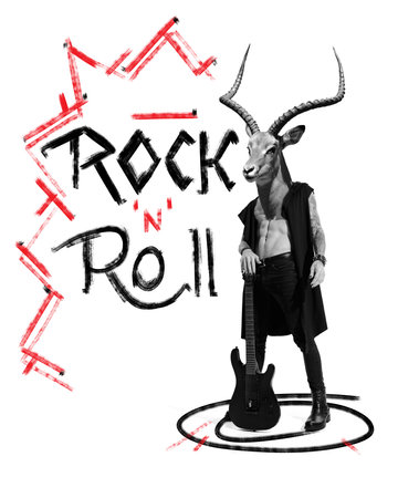 Poster. Contemporary art collage. Human, man with antelope head stands with guitar against white background with inscription Rock-n-Roll. Concept of energy music, urban, culture. Trendy magazine styleの写真素材