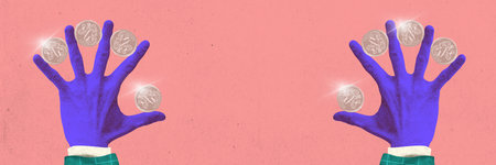 Banner. Contemporary art collage. Two hands holding several coins on each of its fingers against peach background. Grainy fabric effect. Concept of business, financial literacy, banking, salary. Adの写真素材