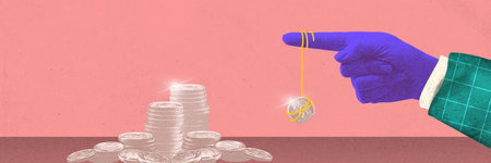 Banner. Contemporary art collage. Hand holding piece of string that draped over penny and hand pointing to stack of money. Grainy fabric effect. Concept of financial literacy, banking, salary. Adの写真素材