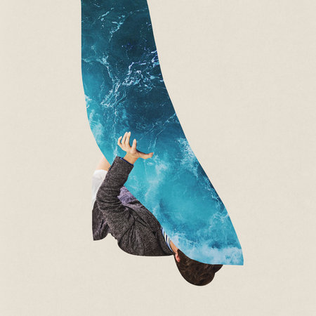 Contemporary art collage. Upset man cries rivers of tears because he is tired and burned out. Trendy magazine style. Concept of mental health care, emotional pressure, apathy, melancholy. Adの写真素材