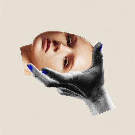 Contemporary art collage. Emotional pressure. Black and white hand squeezes head of calm young and beautiful girl. Trendy magazine style. Concept of mental health care, apathy, melancholy. Adの写真素材