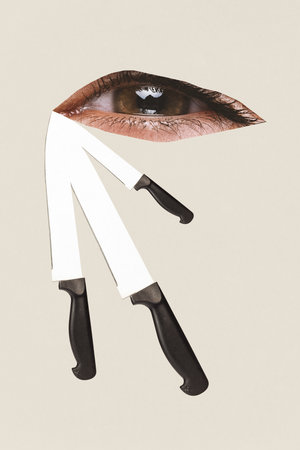 Contemporary art collage. Surrealistic artwork of tears of shattered dreams. Eye crying sharp knives. Trendy magazine style. Concept of mental health care, emotional pressure, apathy, melancholy. Adの写真素材