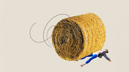Contemporary art collage. Haystack, symbolizing lump of problems and troubles, flies over body of tired, immobilized girl in apathy. Trendy magazine style. Concept of mental health care, melancholy.の写真素材