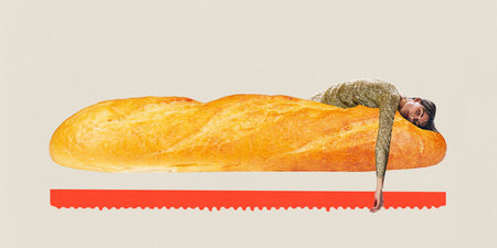 Contemporary art collage. Young girl fell asleep on loaf of bread. Eating stress and problems....