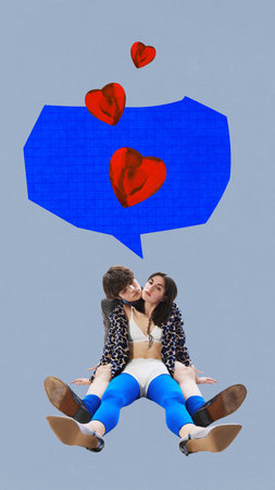 Contemporary art collage. Man sitting behind back of his beloved girl and putting head on her shoulder whispering about love. Concept of Happy Valentines day, relationship, love and romantic. Adの写真素材