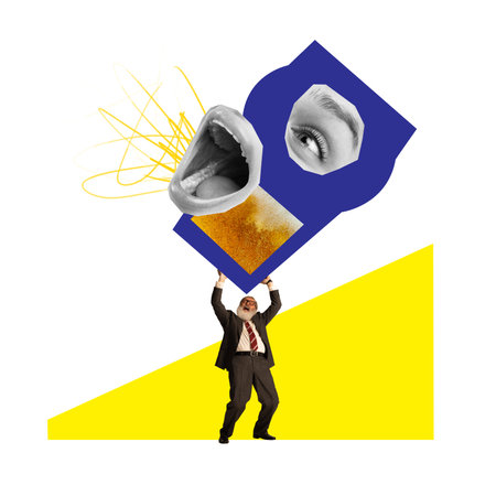 Contemporary art collage. Mature man in business suit carrying mug of cold refreshment lager beer with surprised facial-expression. Concept of party, festival, national traditions, taste, lifestyle.の写真素材