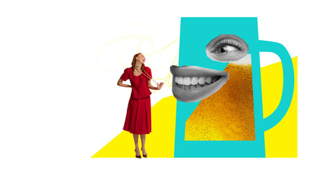 Contemporary art collage. Young woman in retro dress flirtatiously looking on interested...