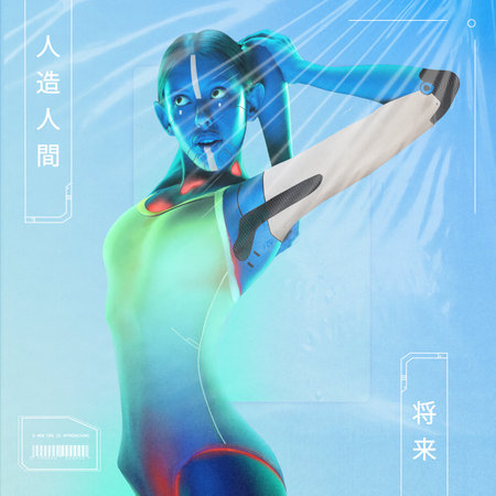 Art collage with 3D element. Neon Frontier. Music album visual representing journey through synthwave soundscape. Future, artificial human in Japanese. Futuristic. Grainy fabric effect. Adの写真素材