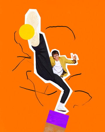 Contemporary art collage. Choreographed chaos. Young athletic man dressed official uncomfortable costume raised his long leg. Concept of fashion, glamour, self-expression. Trendy magazine style.の写真素材