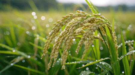Close-up view of Vibrant green rice paddy with neat rows. Green and health plant covered in morning tiny dewdrops. Concept of environment, organic products, food, economy.の素材