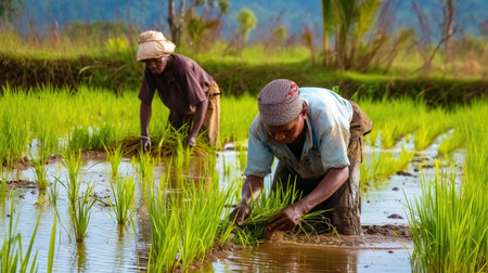 Two man, farmers Thai hot rice on hand in rice field agriculture to sale their organic product. Concept of work, agriculture, economy, sales, food, ecology, environment. Adの素材