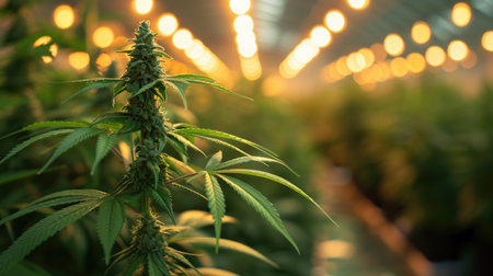 Close up view of marijuana plants grown at environment controlled greenhouse, laboratory with special lighting. Agricultural business cannabis. Concept of science, alternative medicine, legal. Adの素材