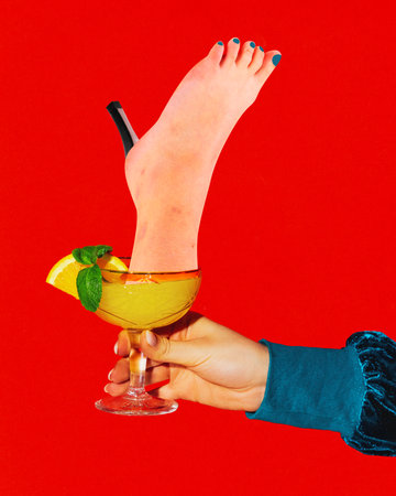Contemporary art collage. Unusual Indulgence. Hand holding glass with foot on high heel. Challenging traditional aesthetics and celebrating uniqueness. Concept of party, surreal, lifestyle, nightclub.の写真素材