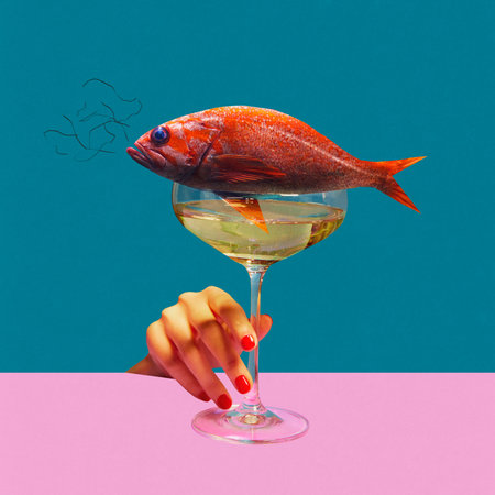 Contemporary art collage. Liquid Leisure. Playful goldfish, scales shimmering like jewels, talking...