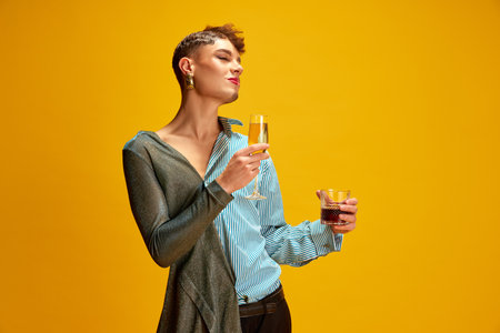 Overjoyed man with womans and mans appearance holding glasses with alcohol drinks against vivid...
