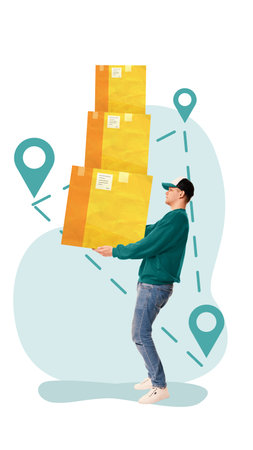 Contemporary art collage. Person in casual attire carrying stacked packages with location pin graphics in background. Concept of courier and delivery services, package tracking, import and export.の写真素材