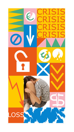 Contemporary art collage. Young woman crouched in despair against backdrop of financial symbols and word Crisis. Concept of economic downturn, navigating through financial crises and market lossesの写真素材