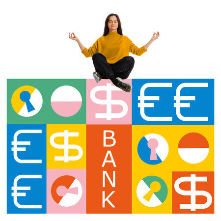 Contemporary art collage. Planning. Financial stability. Young lady, sitting on financial cushion, banking system icons. Concept of business strategy, spending money, financial literacy. Adの写真素材