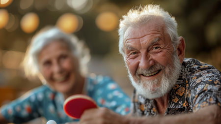 Selective focus. Portrait of mature couple, retired man and woman with table tennis racquet playing against blurred background. Concept of art, leisure activity, competition, lifestyle.の素材