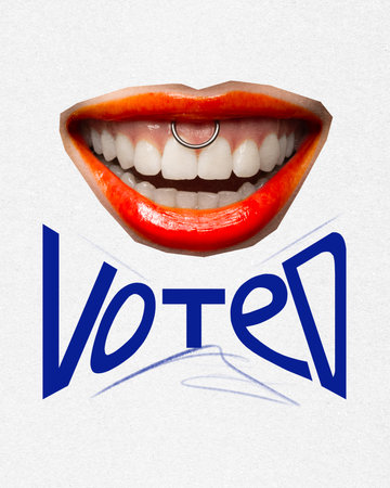 Contemporary art collage. Female mouth with red lipstick widely smiling with teeth with creative inscription Voted below. Grainy fabric effect. Concept of election process, make choice.の写真素材