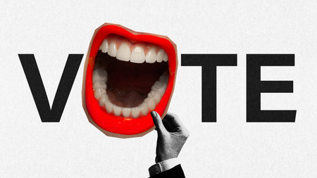 Contemporary art collage. Creative black inscription Vote with loudly shouting mouth which holding...