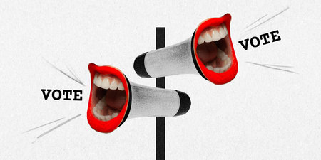 Contemporary art collage. Two loudspeakers with female mouths which screaming about start of elections process and agitate to vote. Grainy fabric effect. Concept of election process, making choice.の写真素材