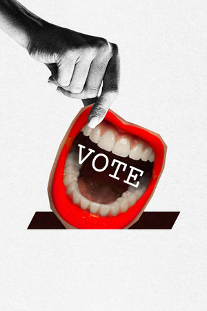 Contemporary art collage. Monochrome female hand puts her colorful mouth to white voting box as...