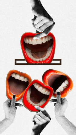 Contemporary art collage. People with their shouting mouths already voted and make their free choice and put it to voting boxes at poll. Grainy fabric effect. Concept of election process, democracy.の写真素材