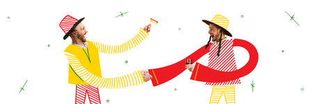 Banner. Modern aesthetic artwork. Two Jewish men in traditional costumes greet each other and...