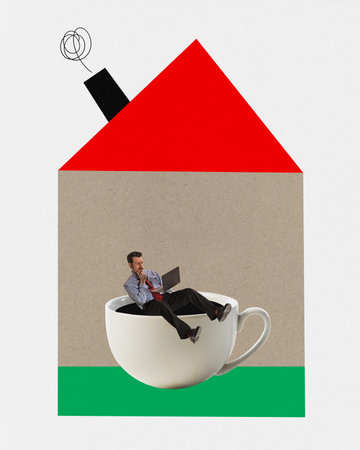 Contemporary art, collage. Businessman sitting in cup of tea with laptop and working online. Surreal image of work from home in comfortable conditions. Concept of business, teleworking, cooperation.の写真素材