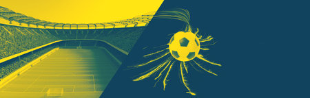 Banner. Green-yellow duotone image of soccer ball in net at stadium. Negative space for text. Soccer championship 2024.の写真素材