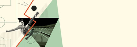 Banner. Legend of football. Young man in motion kicks ball against creative abstract background with...