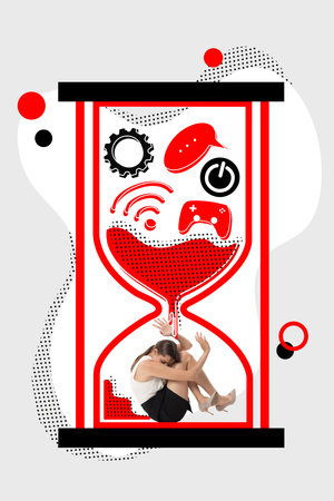 Contemporary art collage. Girl sits in sand hourglass in which these are modern digitalized icons....